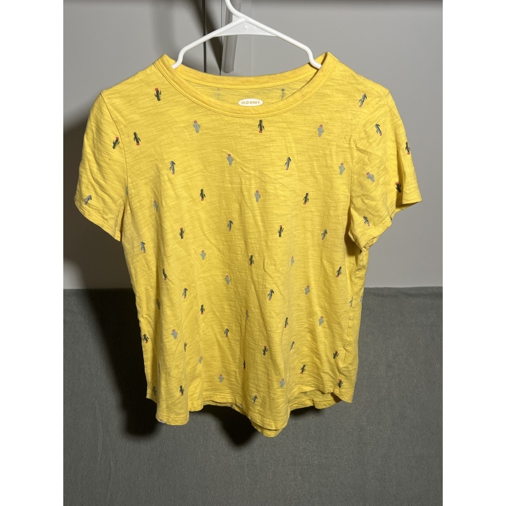 Old Navy Women's Yellow Cactus Print T-Shirt Everywear Cotton Tee Size‎ M